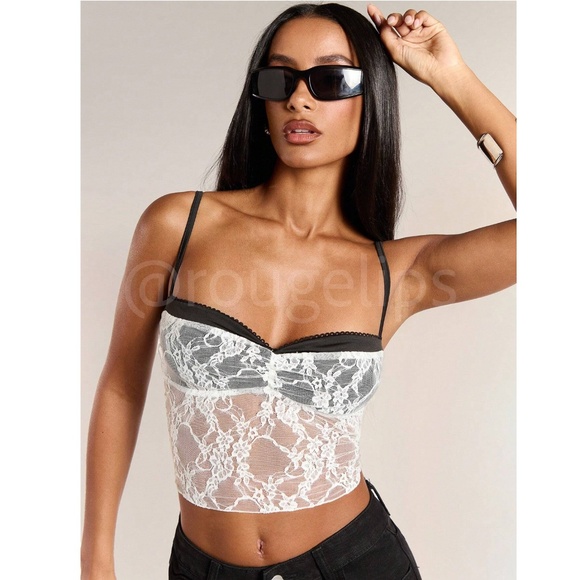 White Lace on Black Bra Crop Bustier Top Sheer - Picture 7 of 8